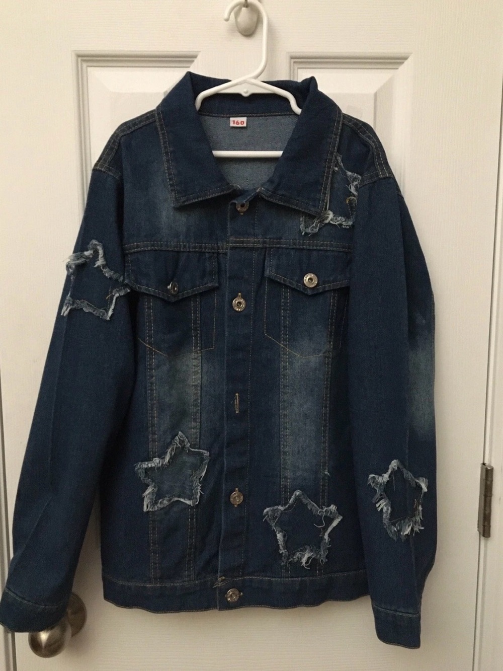 Girls Denim Jacket Size 160 Size 14-16 Star Frayed Appliques *Read Description